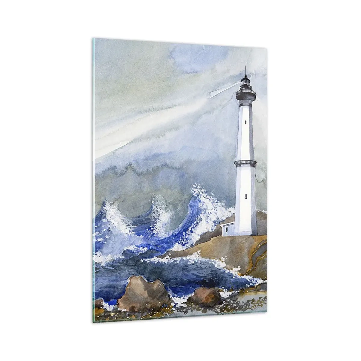 Glasbild - Bild auf glas - Ein Leuchtturm an einer felsigen Küste mit rauer See - 80x120cm - Gegen die Dunkelheit und den Sturm - Moderne Wanddekoration für Wohnzimmer und Schlafzimmer ARTTOR