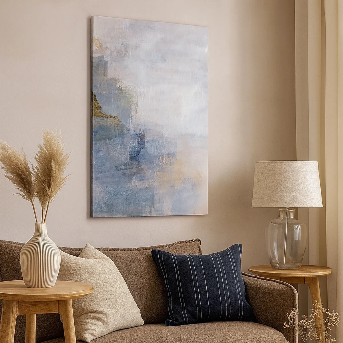 Bild auf Leinwand - Leinwandbild - Dezente abstrakte Punkte in Blau- und Beigetönen - 50x70cm - Farbtöne und Akkorde - Moderne Wanddekoration für Wohnzimmer und Schlafzimmer ARTTOR