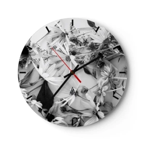 Wanduhr - Glasuhr - Schwarz-weiße Blumen auf hellem Hintergrund in einem lässigen Arrangement verstreut - 30x30cm - Kein Blumenstrauß - Moderne Wanddekoration für Wohnzimmer, Küche und Schlafzimmer ARTTOR