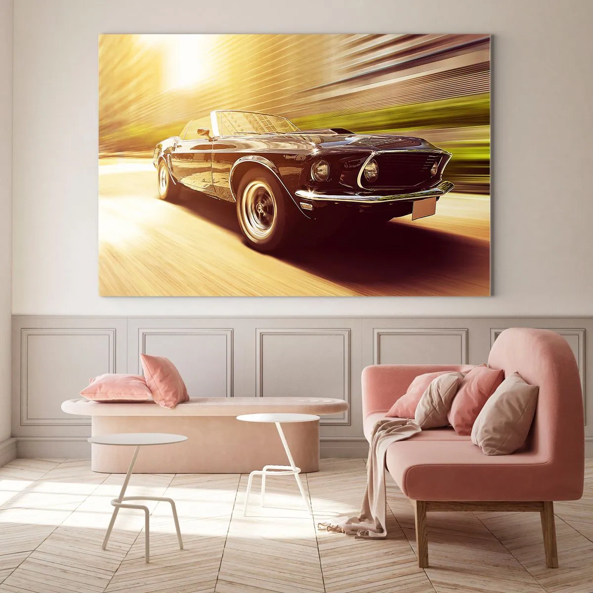 Glasbild - Bild auf glas - Oldtimer in Bewegung im Sonnenlicht - 70x50cm - 1967 - die Legende kehrt zurück - Moderne Wanddekoration für Wohnzimmer und Schlafzimmer ARTTOR