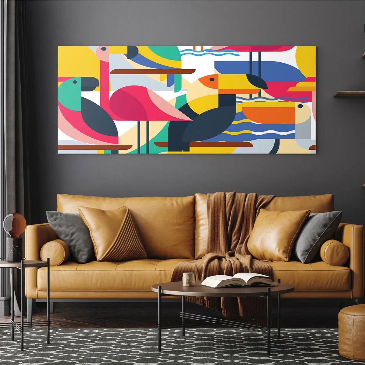 Glasbild - Bild auf glas - Bunte Vögel in einer abstrakten, geometrischen Komposition - 140x50cm - Vogelparty - Moderne Wanddekoration für Wohnzimmer und Schlafzimmer ARTTOR