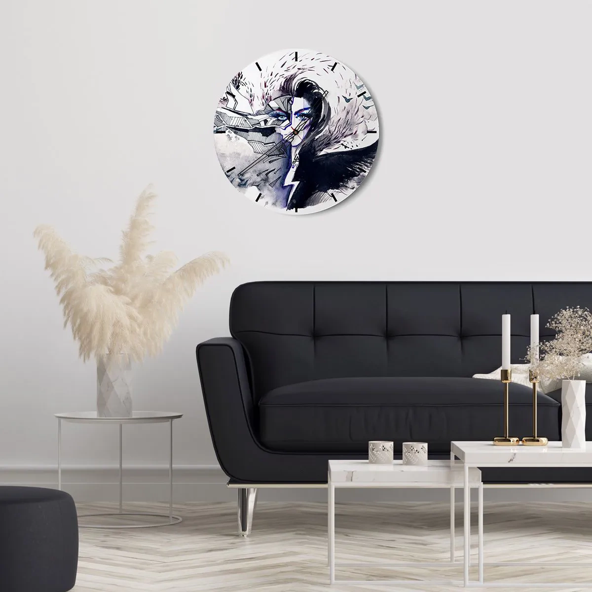 Wanduhr - Glasuhr - Abstraktes Frauenporträt mit Dämonen- und Blitzmotiv - 30x30cm - Dämonisch und schön - Moderne Wanddekoration für Wohnzimmer, Küche und Schlafzimmer ARTTOR