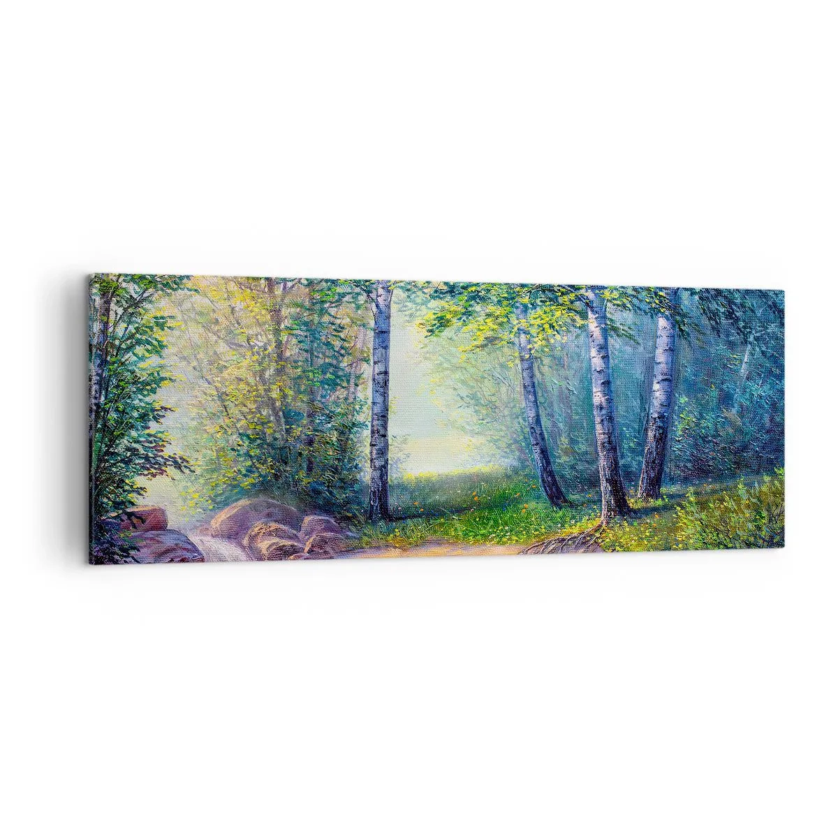 Bild auf Leinwand - Leinwandbild - Ein Waldbach, umgeben von Birken und Sonnenschein - 140x50cm - Idyllische Landschaft - Moderne Wanddekoration für Wohnzimmer und Schlafzimmer ARTTOR