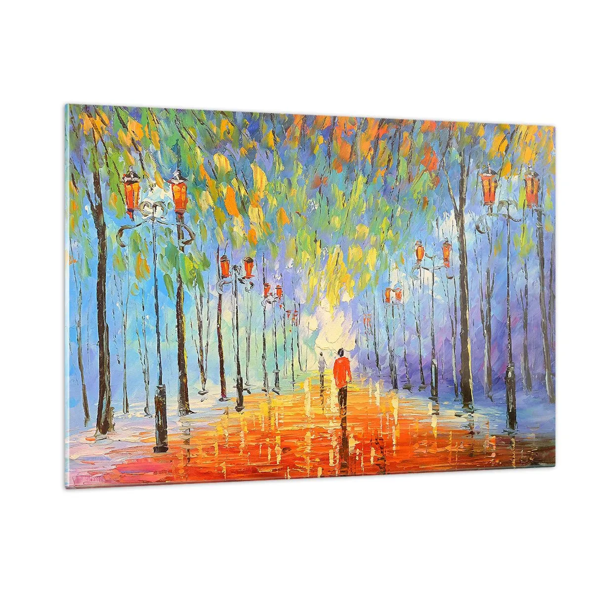 Glasbild - Bild auf glas - Ein farbenfroher Park mit einer Allee und Laternen im malerischen Stil - 120x80cm - Nachtlied des Regens - Moderne Wanddekoration für Wohnzimmer und Schlafzimmer ARTTOR