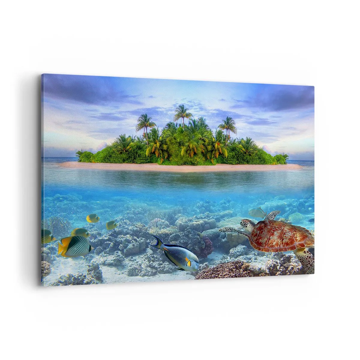 Bild auf Leinwand - Leinwandbild - Eine tropische Insel, umgeben von einem türkisfarbenen Ozean mit einem Korallenriff und Fischen. - 100x70cm - Heavenly Island lädt dich ein - Moderne Wanddekoration für Wohnzimmer und Schlafzimmer ARTTOR