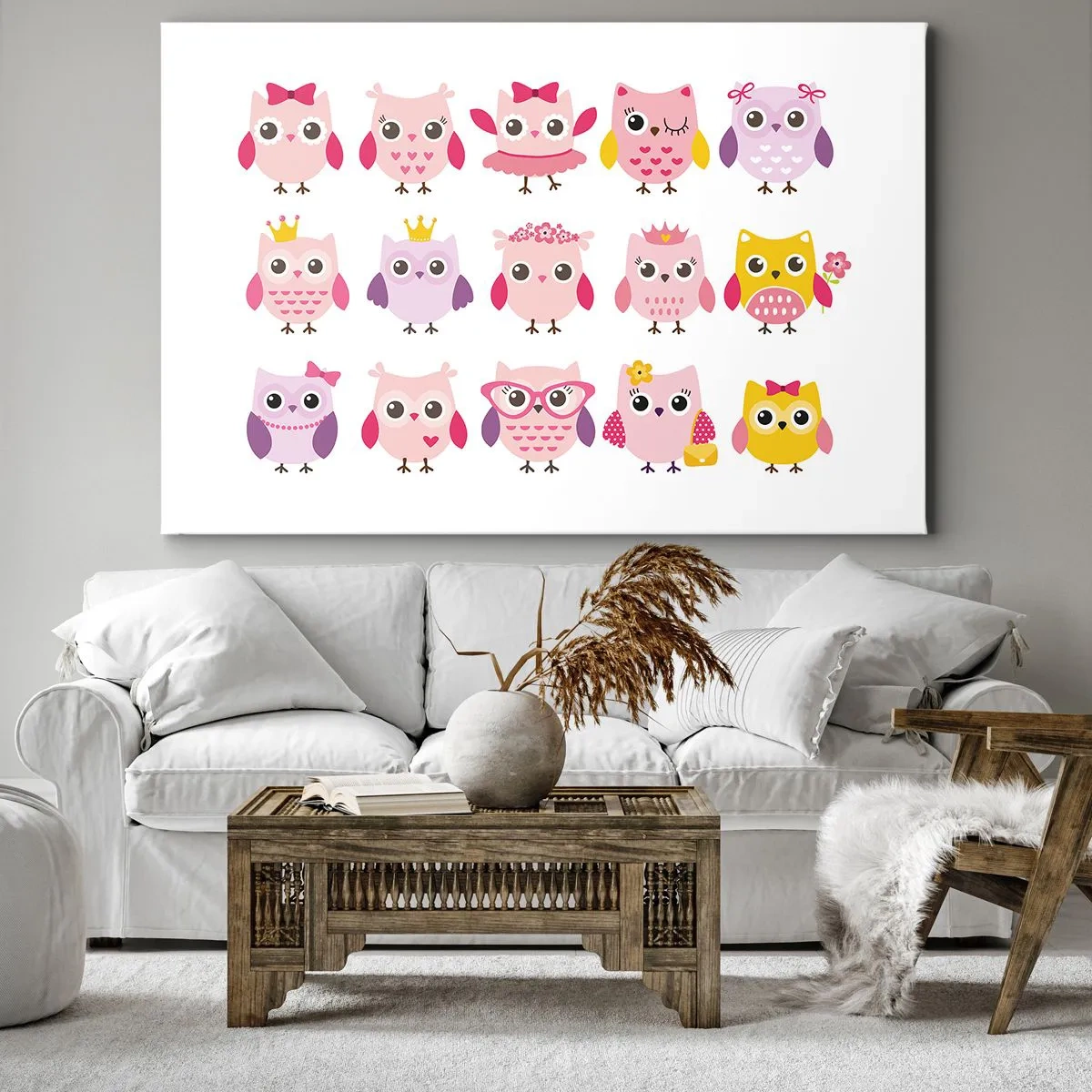 Bild auf Leinwand - Leinwandbild - Niedliche Eulen in Pastellfarben - 120x80cm - Einer ist süßer als der andere - Moderne Wanddekoration für Wohnzimmer und Schlafzimmer ARTTOR
