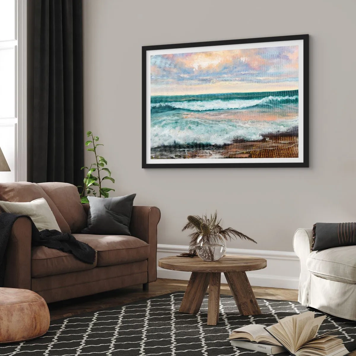 Poster in einem schwarzem Rahmen - Meereswellen vor einem bewölkten Himmel bei Sonnenuntergang - 70x50cm - Hier werden Sie Ihre Seele baumeln lassen - Moderne Wanddekoration für Wohnzimmer und Schlafzimmer ARTTOR