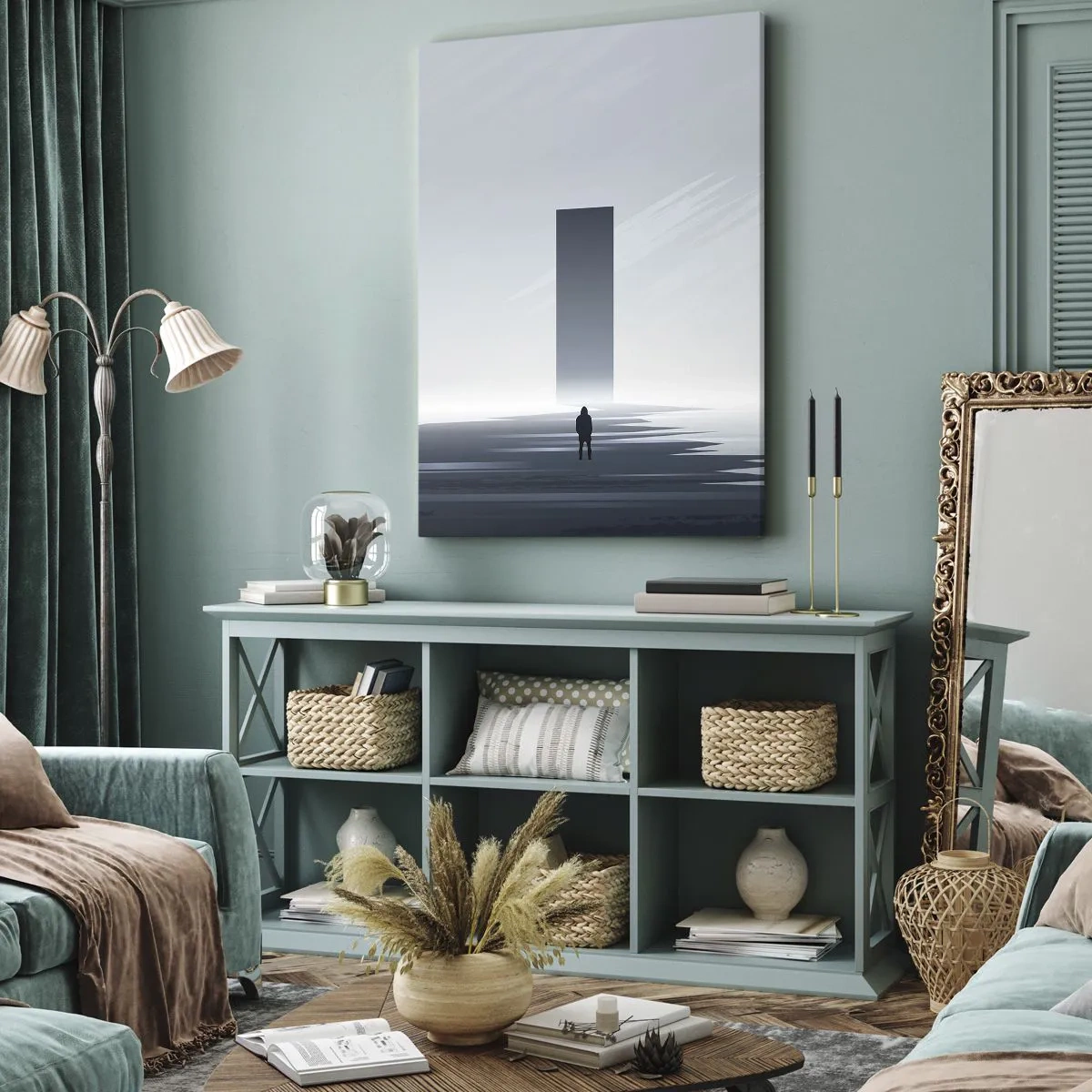 Bild auf Leinwand - Leinwandbild - Eine minimalistische Landschaft mit einer Silhouette neben einem rechteckigen Monolithen - 70x100cm - Chance oder Bedrohung? - Moderne Wanddekoration für Wohnzimmer und Schlafzimmer ARTTOR