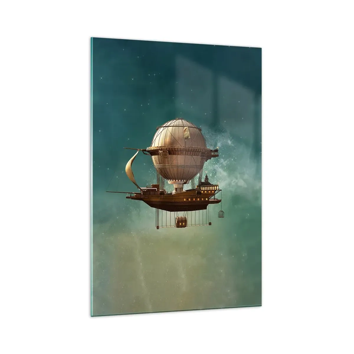 Glasbild - Bild auf glas - Ein fantastisches Luftschiff vor dem grünlichen Himmel - 70x100cm - Jules Verne sagt Hallo - Moderne Wanddekoration für Wohnzimmer und Schlafzimmer ARTTOR