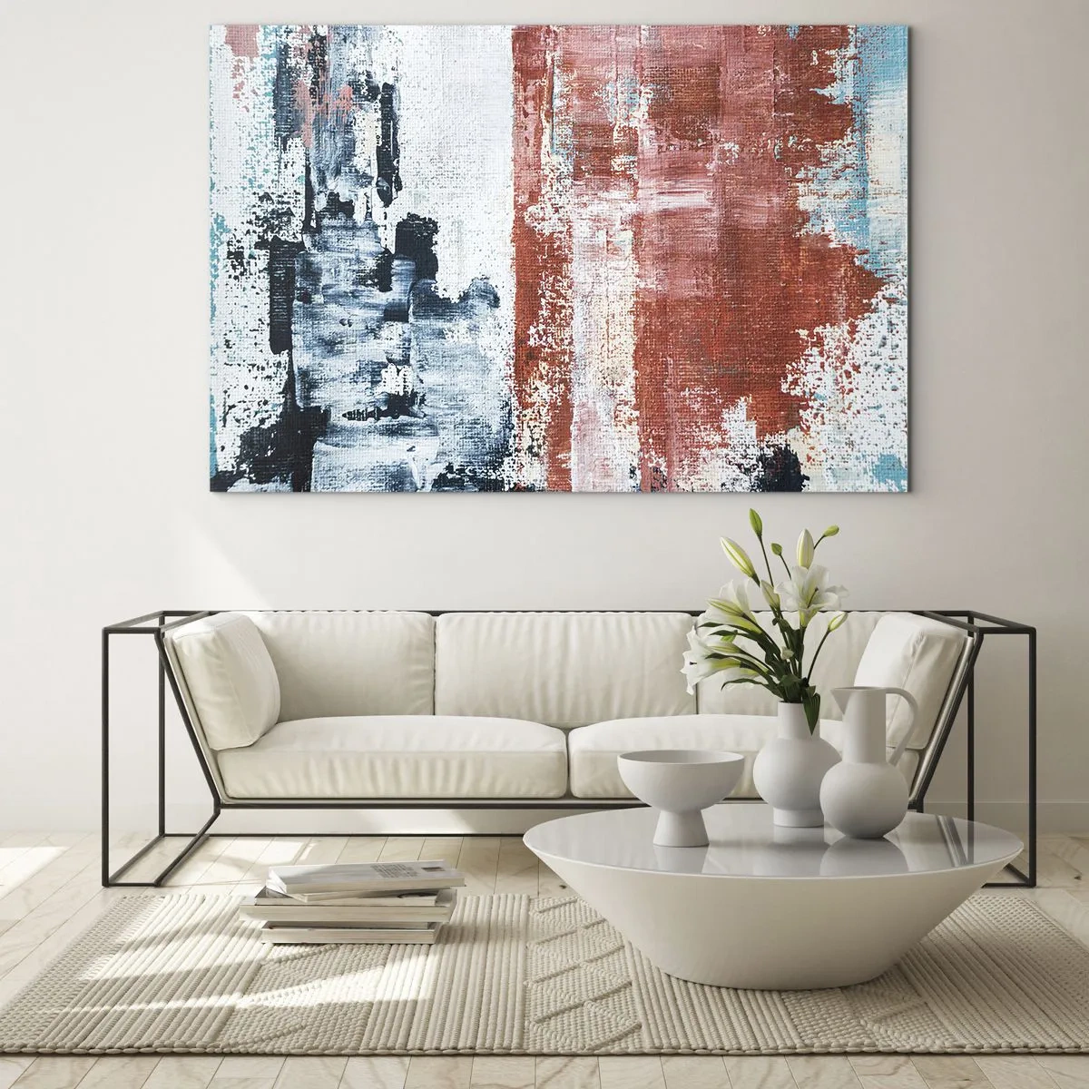 Glasbild - Bild auf glas - Eine abstrakte Kombination aus Blau und Rostrot - 70x50cm - Fünfzig-Fünfzig abstrakt - Moderne Wanddekoration für Wohnzimmer und Schlafzimmer ARTTOR