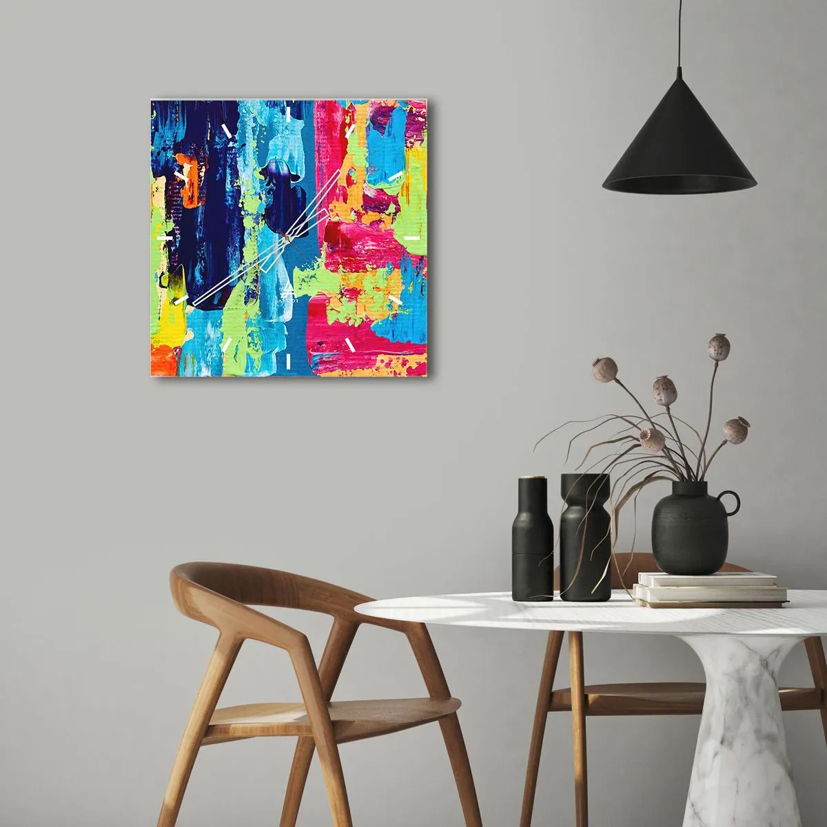 Wanduhr - Glasuhr - Abstrakte Farbkomposition in dynamischer Form - 30x30cm - Das Leben ist wunderschoen! - Moderne Wanddekoration für Wohnzimmer und Schlafzimmer ARTTOR