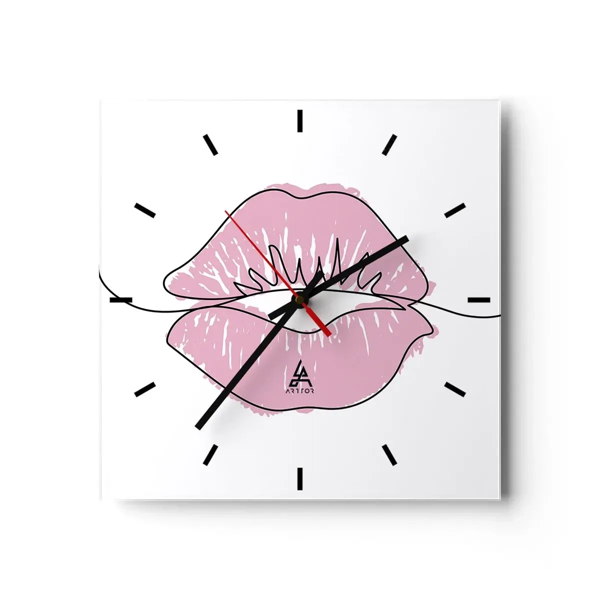 Wanduhr - Glasuhr - Minimalistische Lippenzeichnung in einem Rosaton - 30x30cm - Bereit zum Küssen? - Moderne Wanddekoration für Wohnzimmer und Schlafzimmer ARTTOR