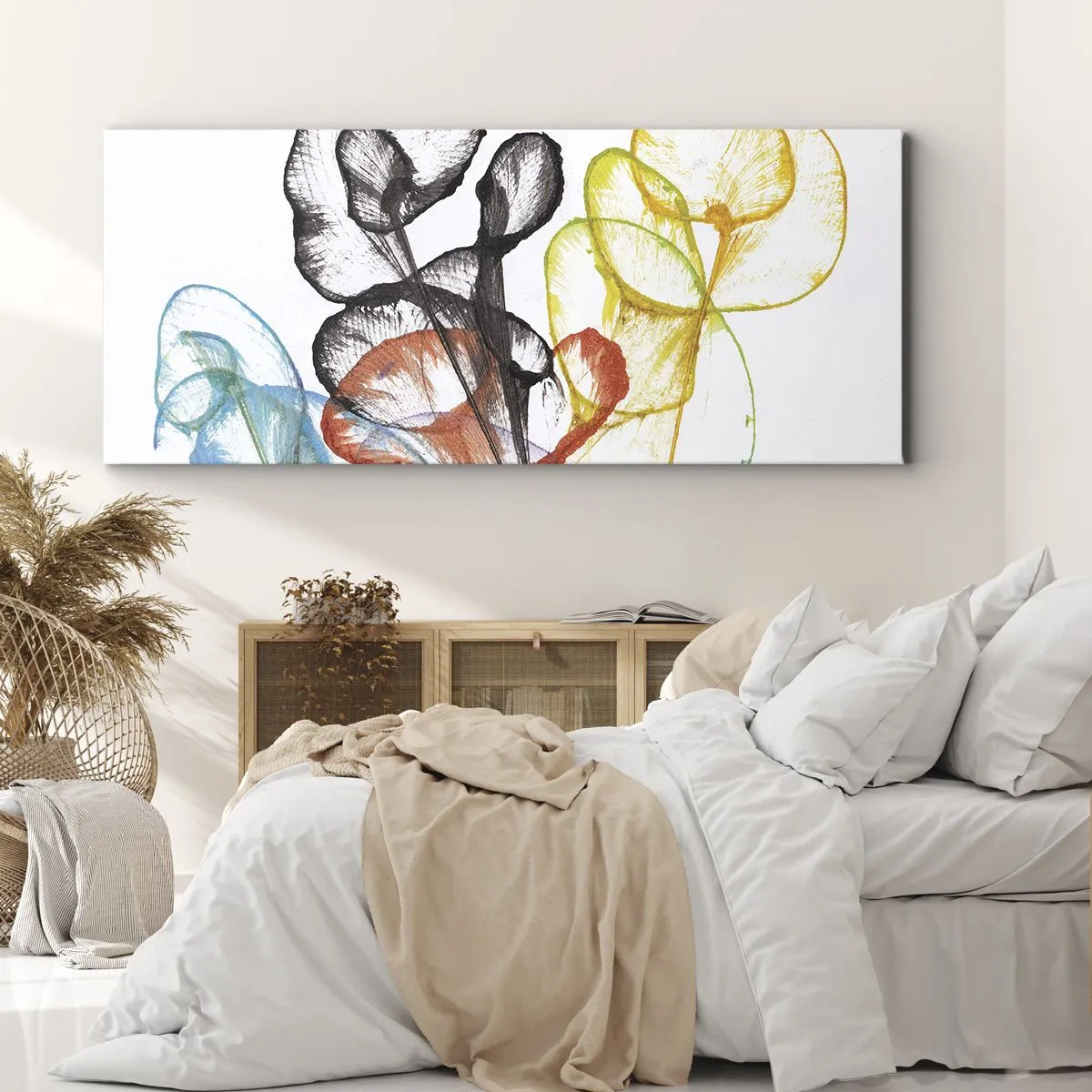 Bild auf Leinwand - Leinwandbild - Bunte transparente Blumen auf weißem Hintergrund - 160x50cm - Blumen mit Seele - Moderne Wanddekoration für Wohnzimmer und Schlafzimmer ARTTOR