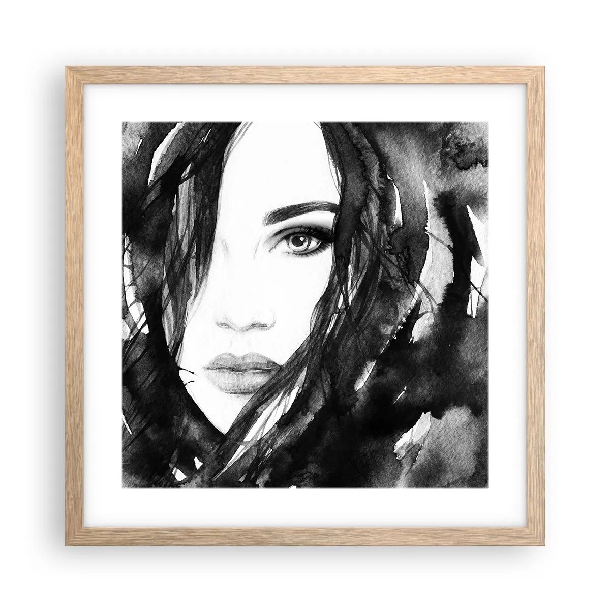 Poster in einem Rahmen aus heller Eiche - Porträt einer Dame in Schwarzweiß - 40x40 cm