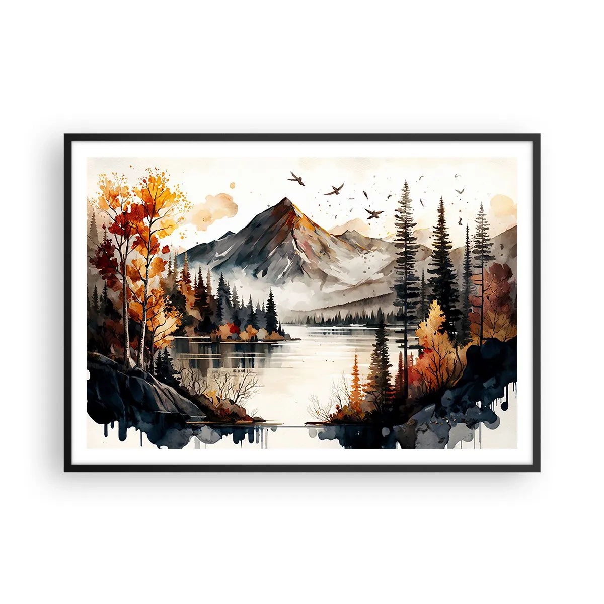 Poster in einem schwarzem Rahmen - Herbstliche Berglandschaft mit See und Bäumen in Aquarell - 100x70cm - Goldener Herbst in den Bergen - Moderne Wanddekoration für Wohnzimmer und Schlafzimmer ARTTOR
