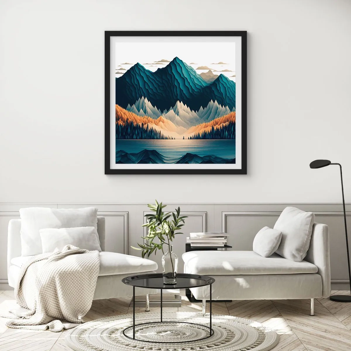 Poster in einem schwarzem Rahmen - Perfekte Berglandschaft - 60x60 cm