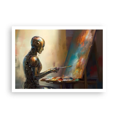 Poster - Ein Roboter, der im künstlerischen Stil auf einer Leinwand malt - 100x70cm - Die Kunst der Zukunft - Moderne Wanddekoration für Wohnzimmer und Schlafzimmer ARTTOR