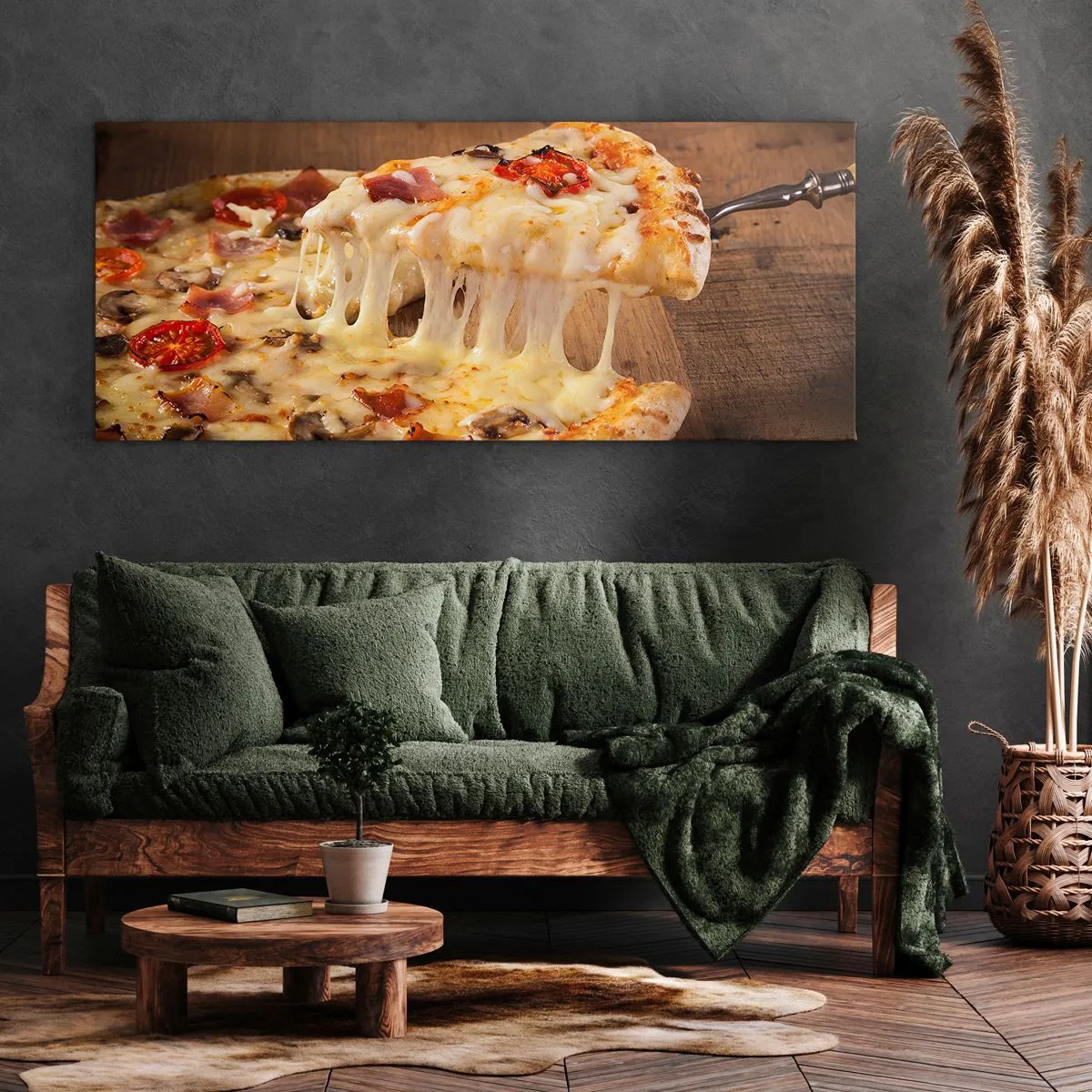 Bild auf Leinwand - Leinwandbild - Pizza mit faserigem Käse - 120x50cm - Ein Meisterwerk der italienischen Kunst - Moderne Wanddekoration für Wohnzimmer und Schlafzimmer ARTTOR