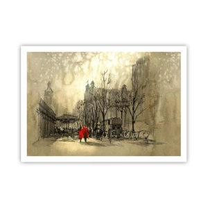 Poster - Eine rote Figur in einer nostalgischen urbanen Umgebung - 100x70cm - Ein Date im Londoner Nebel - Moderne Wanddekoration für Wohnzimmer und Schlafzimmer ARTTOR