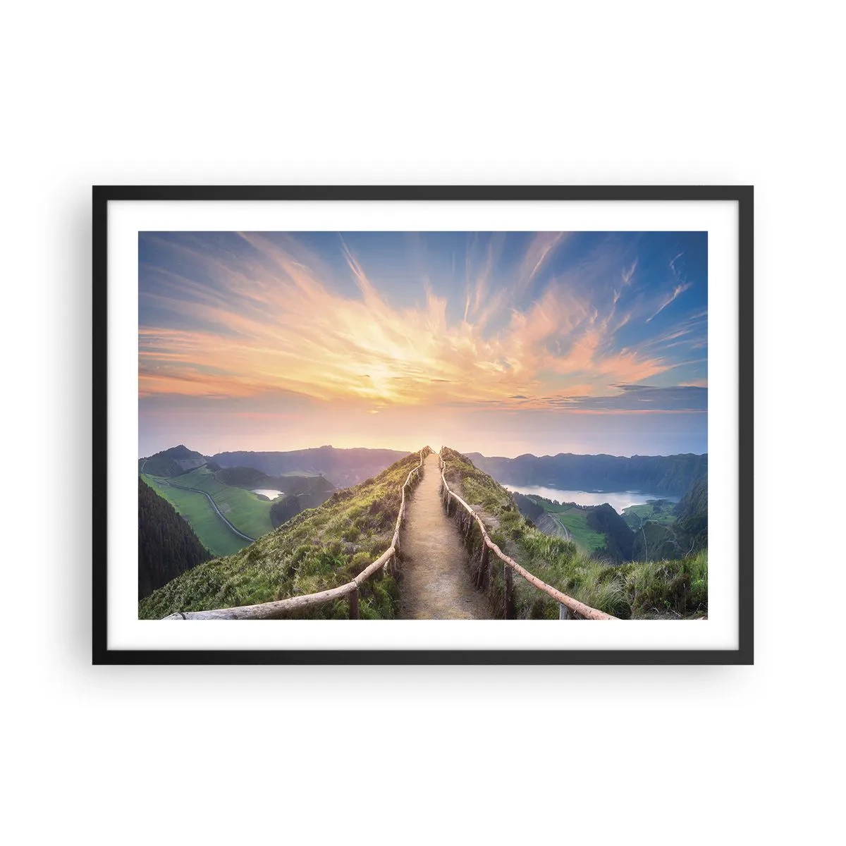 Poster in einem schwarzem Rahmen - Ein malerischer Weg auf einem Hügel mit Blick auf den Sonnenuntergang - 70x50cm - Nah am Himmel - Moderne Wanddekoration für Wohnzimmer und Schlafzimmer ARTTOR