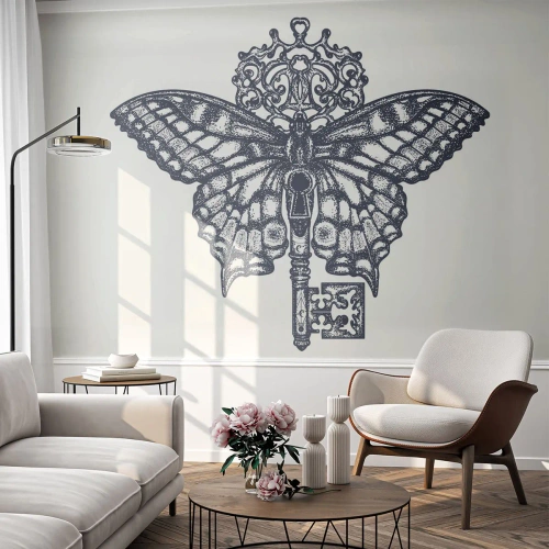 Fototapete Standard Eco - Stilisierter Schmetterling mit Schlüssel in einem monochromen Muster - 100x70cm - Alle Geheimnisse des Herzens - Moderne Wanddekoration für Wohnzimmer und Schlafzimmer ARTTOR