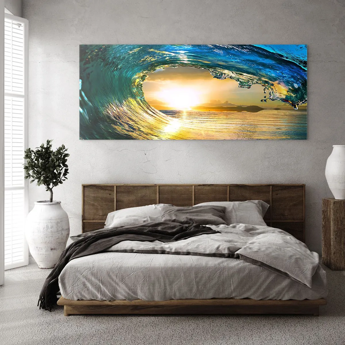 Glasbild - Bild auf glas - Meereswelle in der Sonne mit Blick auf den Horizont - 120x50cm - In einem smaragd-goldenen Kristall - Moderne Wanddekoration für Wohnzimmer und Schlafzimmer ARTTOR