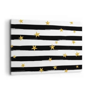 Bild auf Leinwand - Leinwandbild - Schwarz-weiße Streifen mit goldenen Sternen - 100x70cm - Wir wurden alle unter einem glücklichen Stern geboren - Moderne Wanddekoration für Wohnzimmer und Schlafzimmer ARTTOR