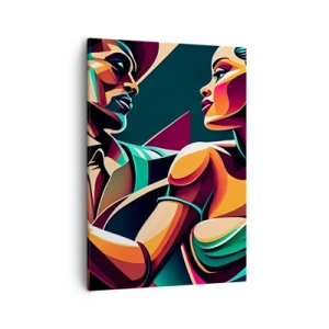 Bild auf Leinwand - Leinwandbild - Ein stilisiertes Paar, das in leuchtenden, geometrischen Farben tanzt. - 50x70cm - Im Rhythmus des Herzens - Moderne Wanddekoration für Wohnzimmer und Schlafzimmer ARTTOR