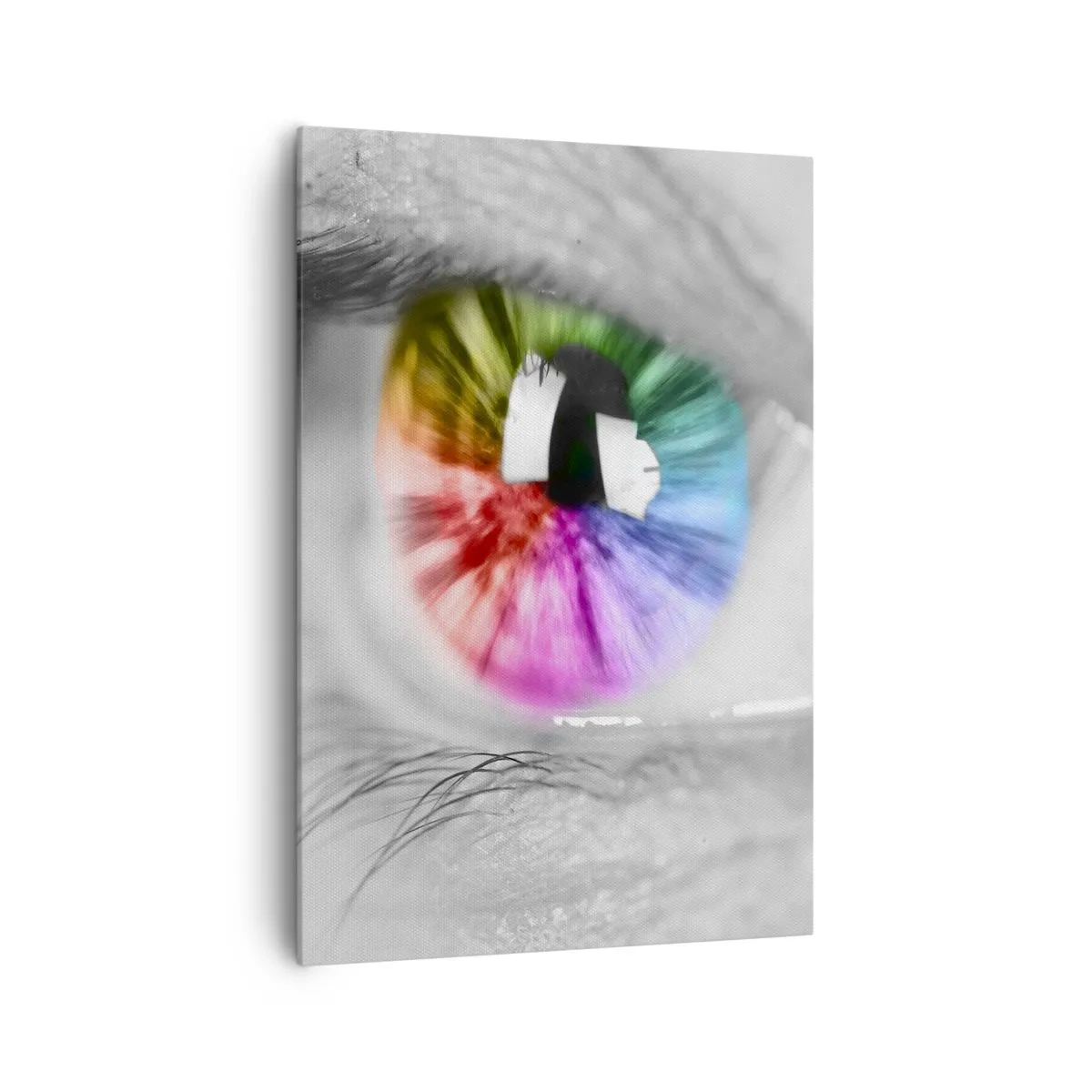 Bild auf Leinwand - Leinwandbild - Künstlerische Aufnahme eines Auges mit einer Regenbogeniris auf grauem Hintergrund - 70x100cm - Schau dir die Welt in Farbe an - Moderne Wanddekoration für Wohnzimmer und Schlafzimmer ARTTOR