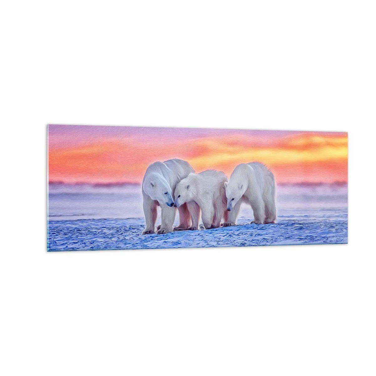 Glasbild - Bild auf glas - Drei Eisbären vor dem Hintergrund eines arktischen Sonnenuntergangs - 140x50cm - Familienwärme ist genug - Moderne Wanddekoration für Wohnzimmer und Schlafzimmer ARTTOR