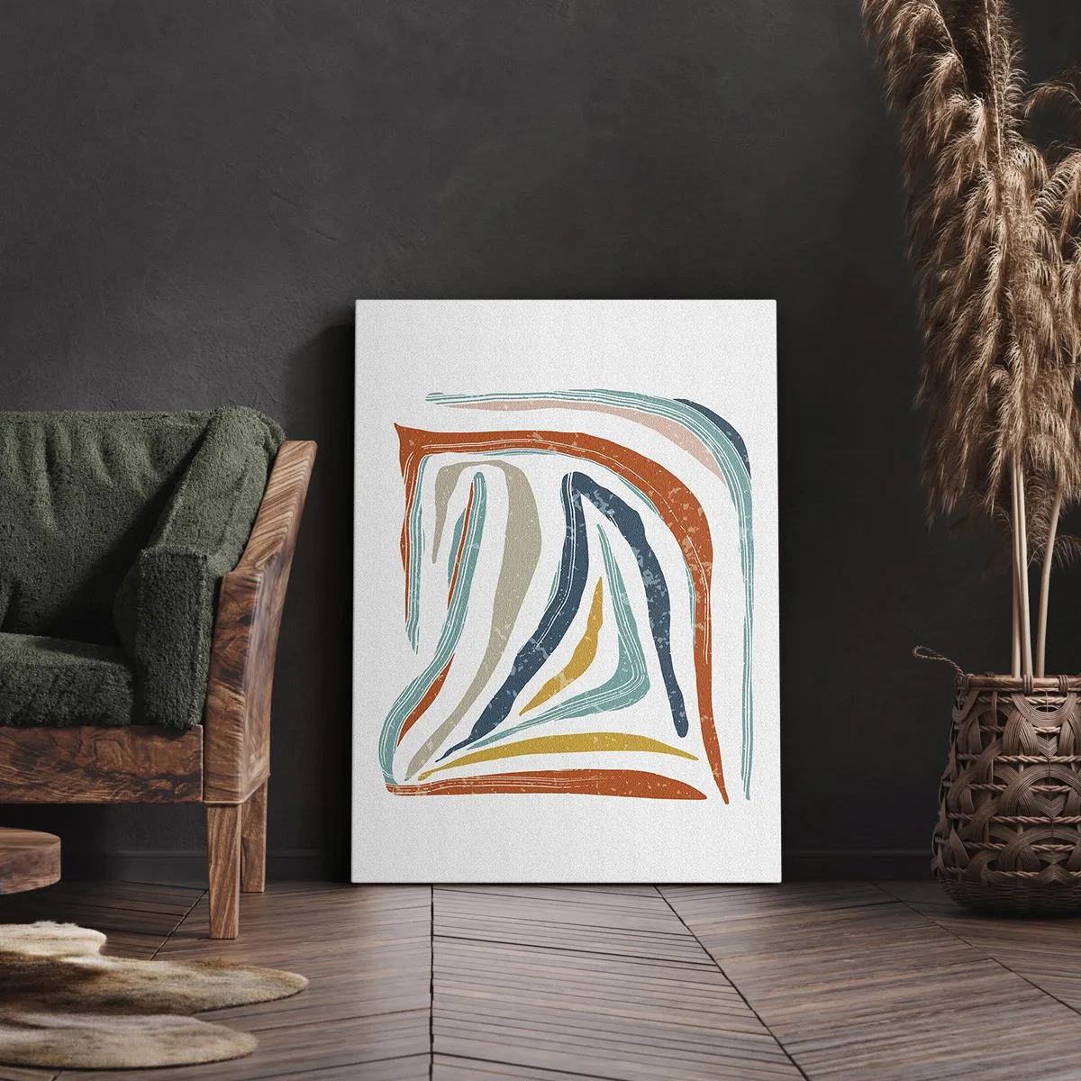 Bild auf Leinwand - Leinwandbild - Bunte, dynamische Linien in Blau-, Orange- und Beigetönen - 50x70cm - Abstraktion mit einem freundlichen Lächeln - Moderne Wanddekoration für Wohnzimmer und Schlafzimmer ARTTOR