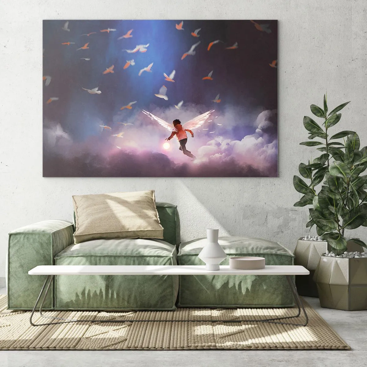 Glasbild - Bild auf glas - Eine Figur mit Engelsflügeln, die zwischen den Wolken schwebt - 70x50cm - Du brauchst Fantasie und Mut - Moderne Wanddekoration für Wohnzimmer und Schlafzimmer ARTTOR