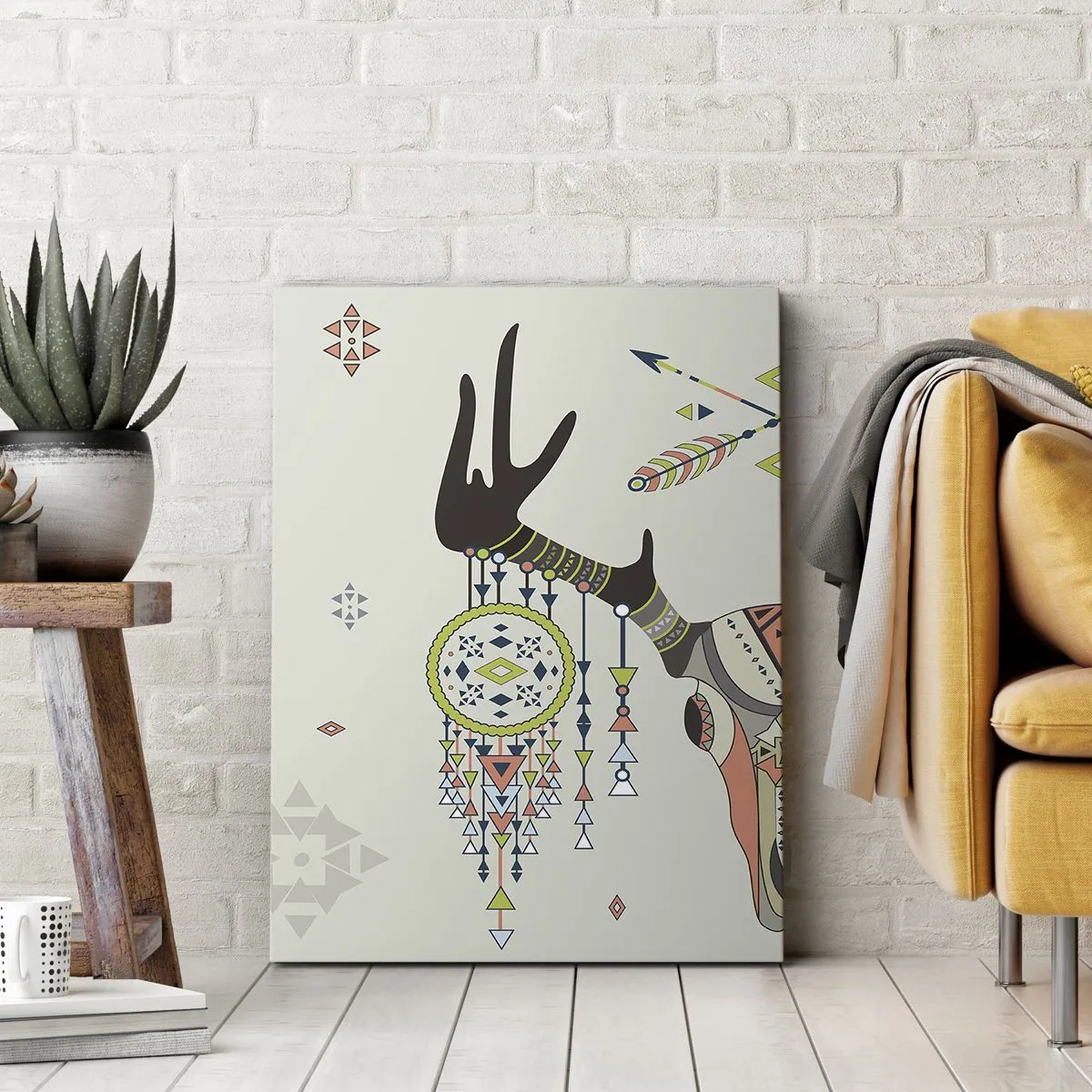 Bild auf Leinwand - Leinwandbild - Boho Deko mit Hirschschädel und Traumfänger - 50x70cm - Indische Jägertrophäe - Moderne Wanddekoration für Wohnzimmer und Schlafzimmer ARTTOR