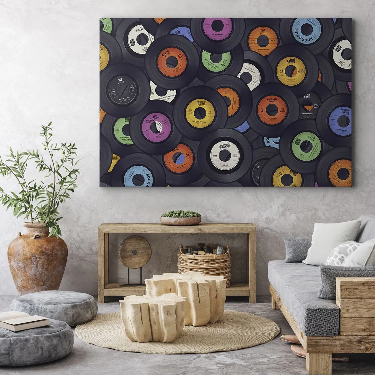 Bild auf Leinwand - Leinwandbild - Bunte Vinyls übereinander gestapelt - 100x70cm - Farben der Klassiker - Moderne Wanddekoration für Wohnzimmer und Schlafzimmer ARTTOR