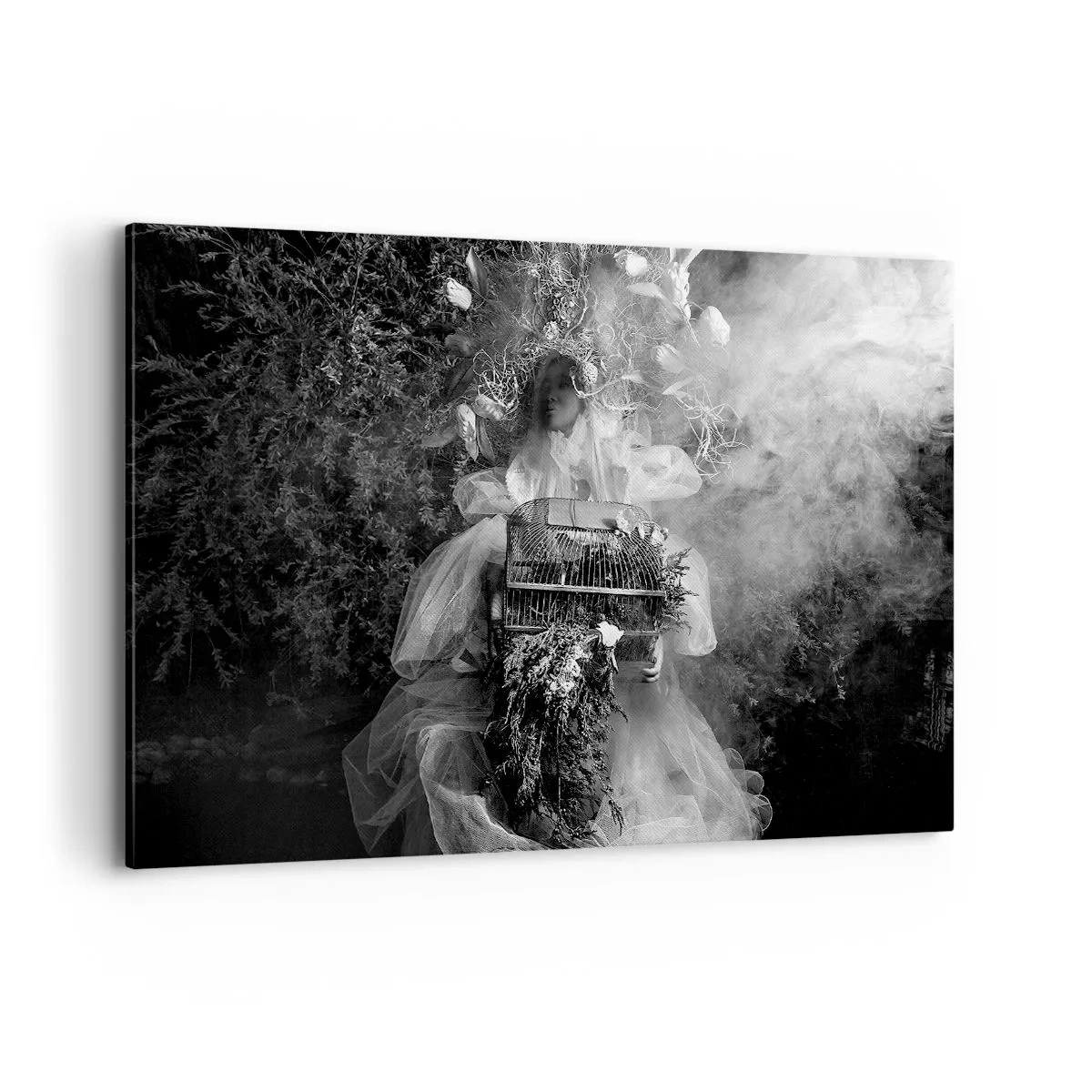 Bild auf Leinwand - Leinwandbild - Eine Schwarz-Weiß-Komposition mit einer Figur in einem Kleid und einem Käfig im Nebel. - 120x80cm - Mutter selbst - Natur - Moderne Wanddekoration für Wohnzimmer und Schlafzimmer ARTTOR