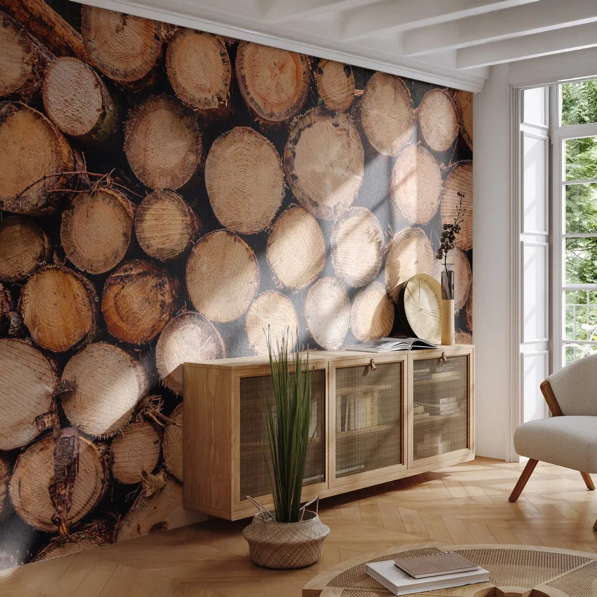 Fototapete Premium Sand - Angeordnete Baumstämme im Querschnitt - 100x70cm - Ein neuer Anfang - Moderne Wanddekoration für Wohnzimmer und Schlafzimmer ARTTOR