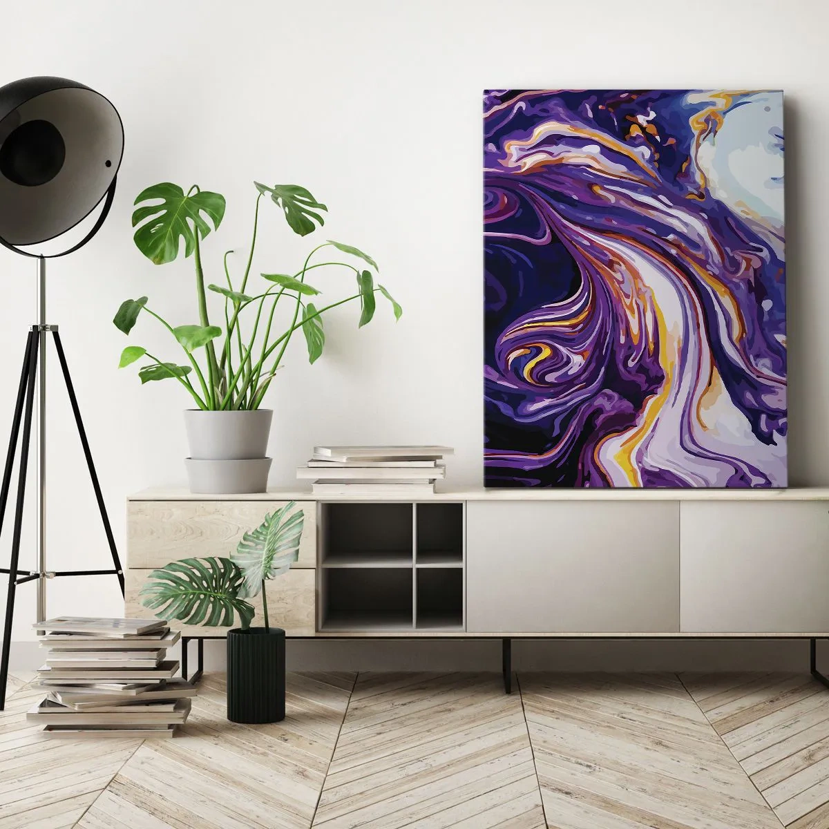 Bild auf Leinwand - Leinwandbild - Ein dynamisches abstraktes Muster in Lila- und Gelbtönen. - 50x70cm - Die Falte ist lila geworden - Moderne Wanddekoration für Wohnzimmer und Schlafzimmer ARTTOR