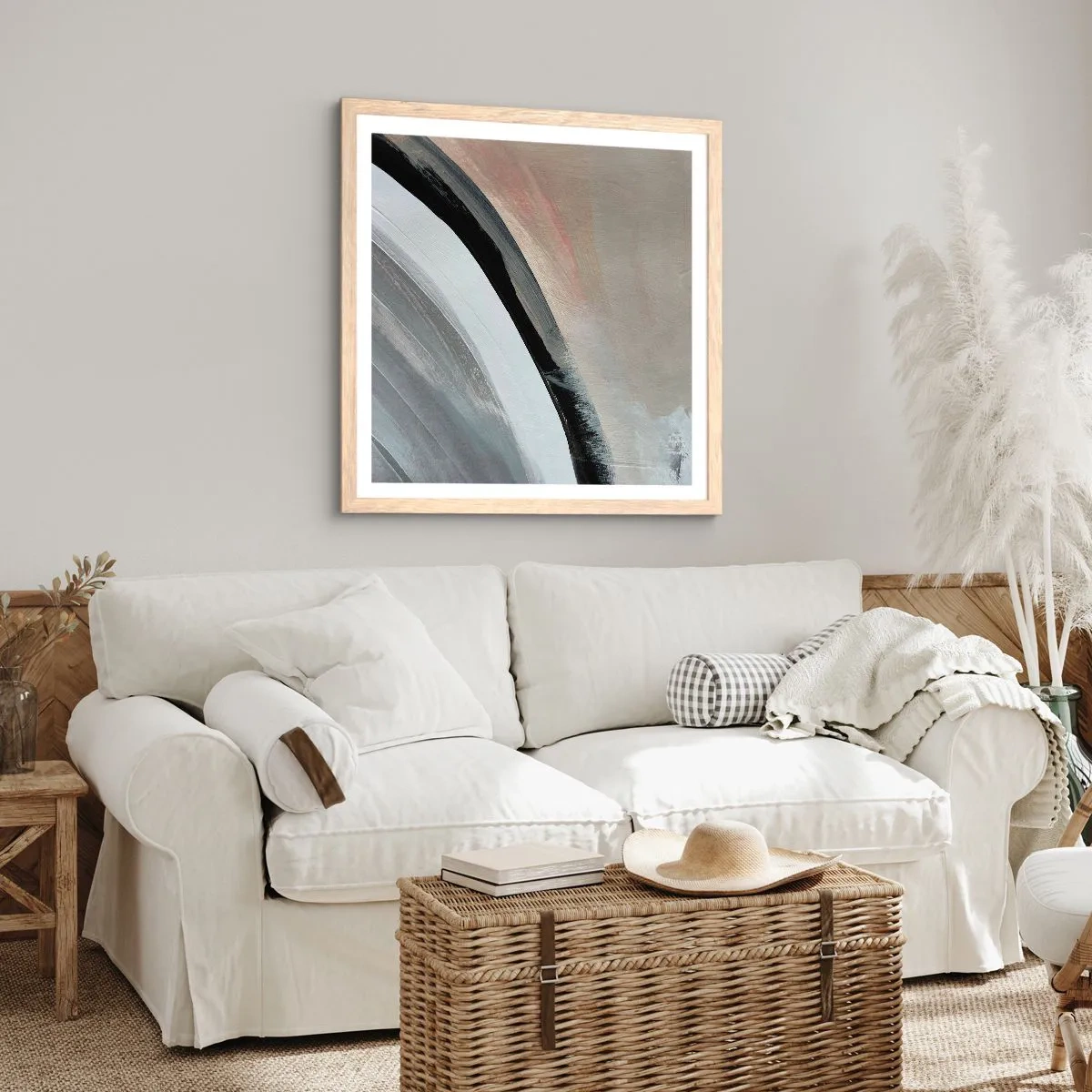 Poster in einem Rahmen aus heller Eiche - Komposition: Bogen aus Schwarz und Grau - 30x30 cm