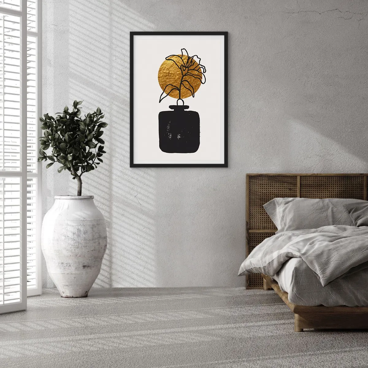 Poster in einem schwarzem Rahmen - Abstrakte Komposition mit einer Blume und einem goldenen Kreis - 50x70cm - Schönheit ist Gold wert - Moderne Wanddekoration für Wohnzimmer und Schlafzimmer ARTTOR