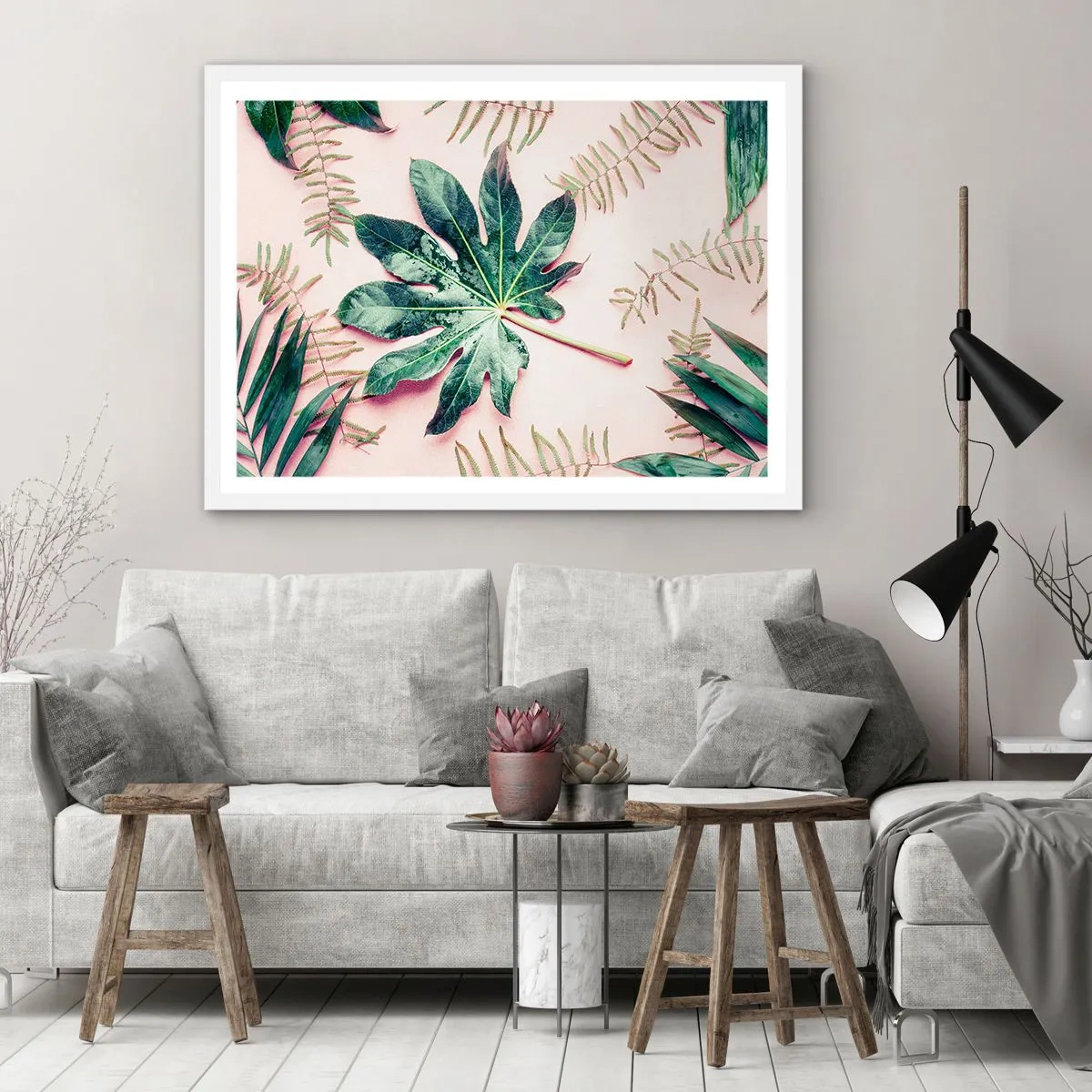 Poster in einem weißen Rahmen - Eine Studie von Grün auf einem rosa Hintergrund - 100x70 cm