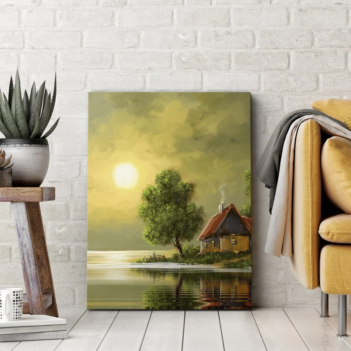 Bild auf Leinwand - Leinwandbild - Seehaus im Abendlicht - 50x70cm - Schön, wie ein Bild - Moderne Wanddekoration für Wohnzimmer und Schlafzimmer ARTTOR