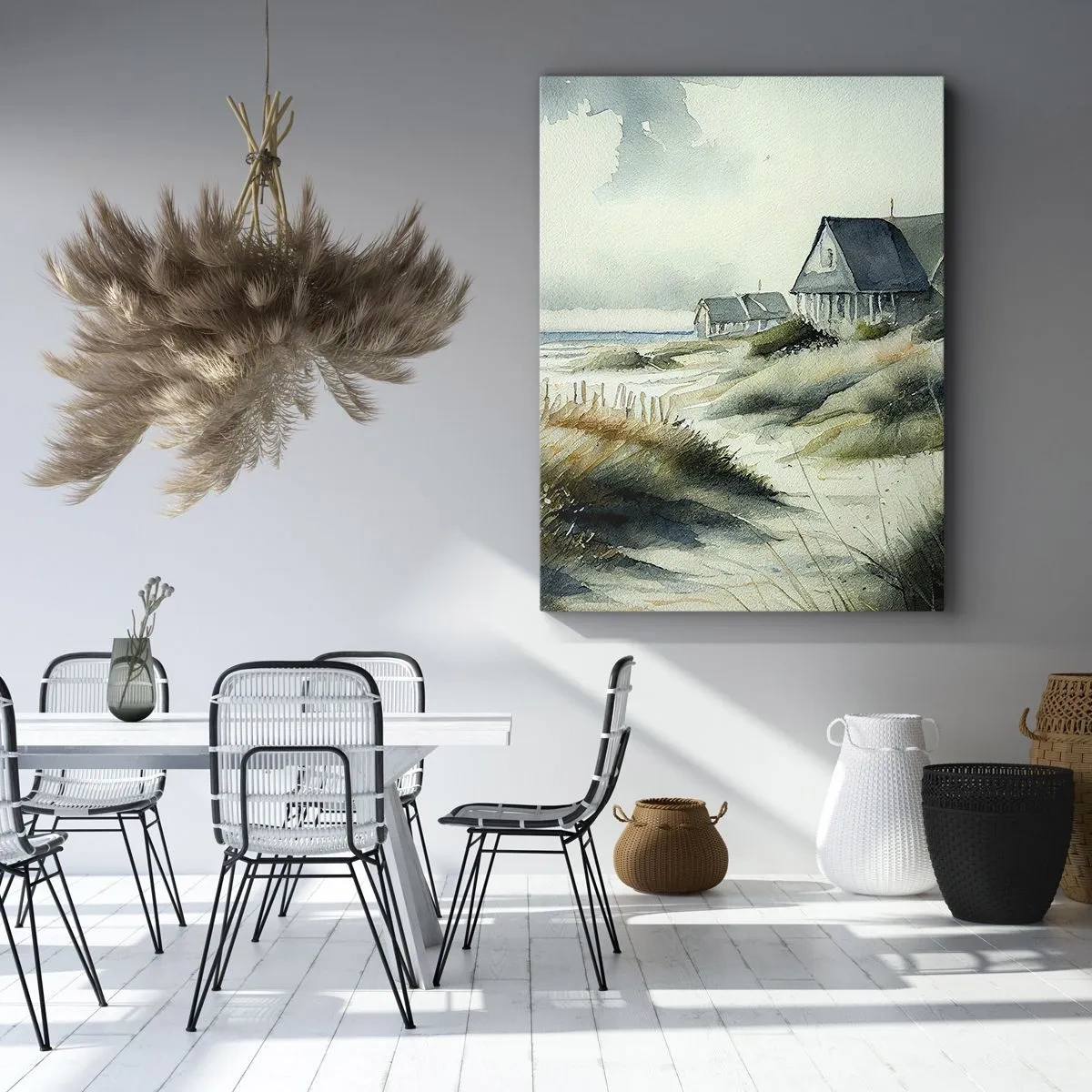 Bild auf Leinwand - Leinwandbild - Ein Haus am Meer, umgeben von Gras und mit Blick auf das Meer - 70x100cm - Abseits vom Trubel - Moderne Wanddekoration für Wohnzimmer und Schlafzimmer ARTTOR