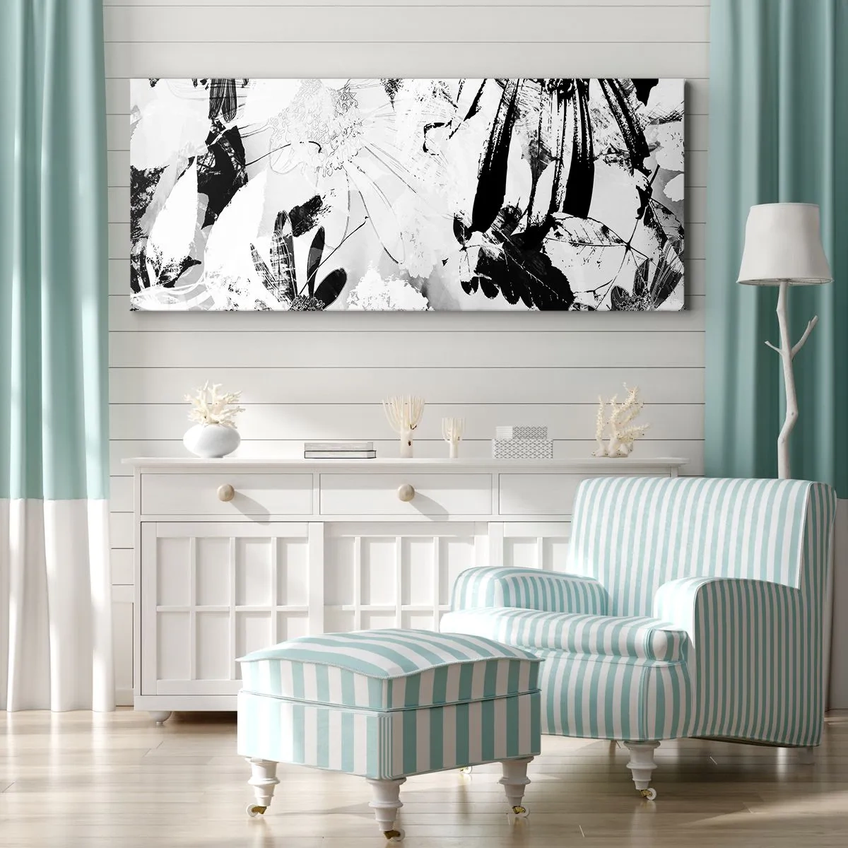 Bild auf Leinwand - Leinwandbild - Schwarz-weiße abstrakte Blumen im minimalistischen Stil - 120x50cm - Herbst negativ - Moderne Wanddekoration für Wohnzimmer und Schlafzimmer ARTTOR