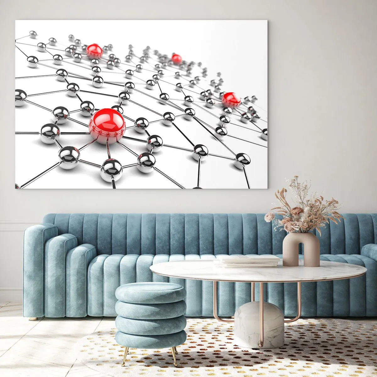 Glasbild - Bild auf glas - Silbernes Molekülnetzwerk mit roten Akzenten - 70x50cm - Silbriges Netz - Moderne Wanddekoration für Wohnzimmer und Schlafzimmer ARTTOR