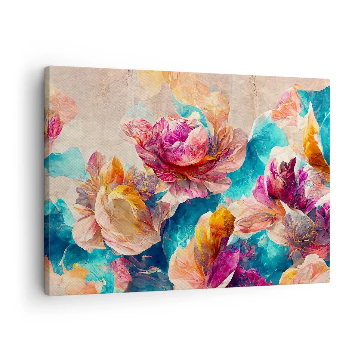 Bild auf Leinwand - Leinwandbild - Bunte Blumen auf beigem Hintergrund - 70x50cm - Farbenpracht des Straußes - Moderne Wanddekoration für Wohnzimmer und Schlafzimmer ARTTOR