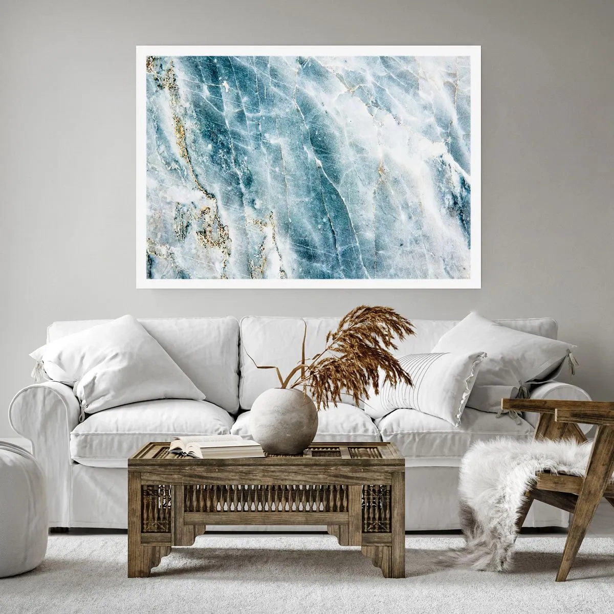 Poster - Marmorstruktur in Blau- und Weißtönen - 100x70cm - Eiswelt - Moderne Wanddekoration für Wohnzimmer und Schlafzimmer ARTTOR