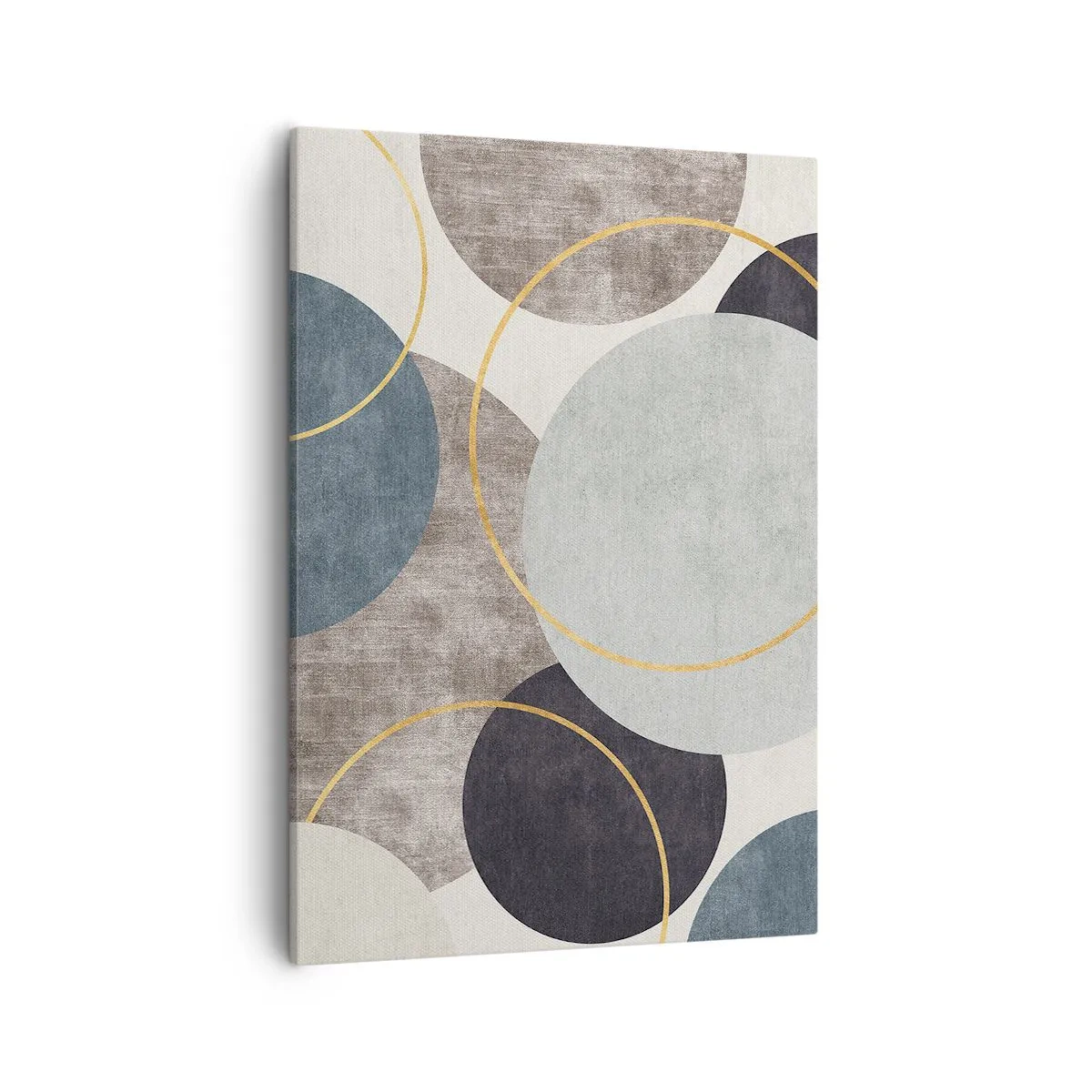Bild auf Leinwand - Leinwandbild - Geometrische Kreise in Grau-, Blau- und Goldtönen - 50x70cm - Rad für Rad - Moderne Wanddekoration für Wohnzimmer und Schlafzimmer ARTTOR