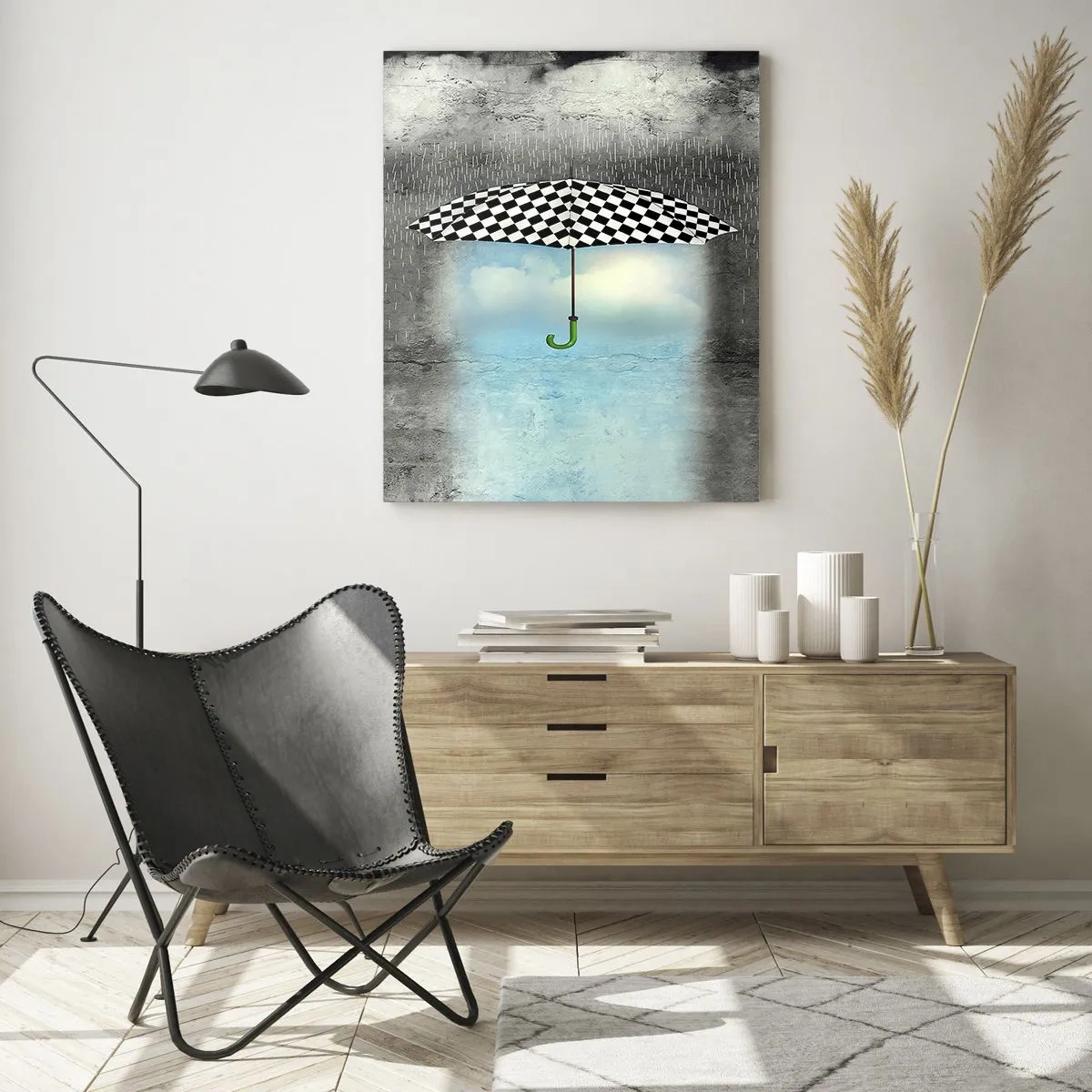 Glasbild - Bild auf glas - Ein karierter Regenschirm über einer verregneten Landschaft - 80x120cm - Aber möglich - Moderne Wanddekoration für Wohnzimmer und Schlafzimmer ARTTOR