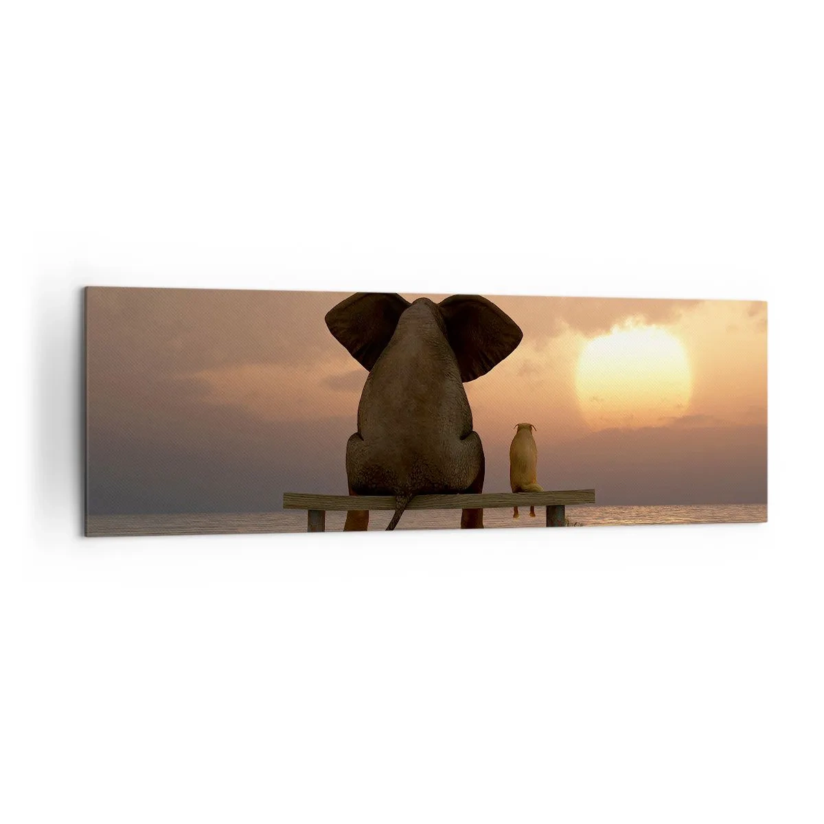 Bild auf Leinwand - Leinwandbild - Ein Elefant und ein Hund sitzen während des Sonnenuntergangs auf einer Bank am Strand. - 160x50cm - Es tut gut zusammen zu schweigen - Moderne Wanddekoration für Wohnzimmer und Schlafzimmer ARTTOR