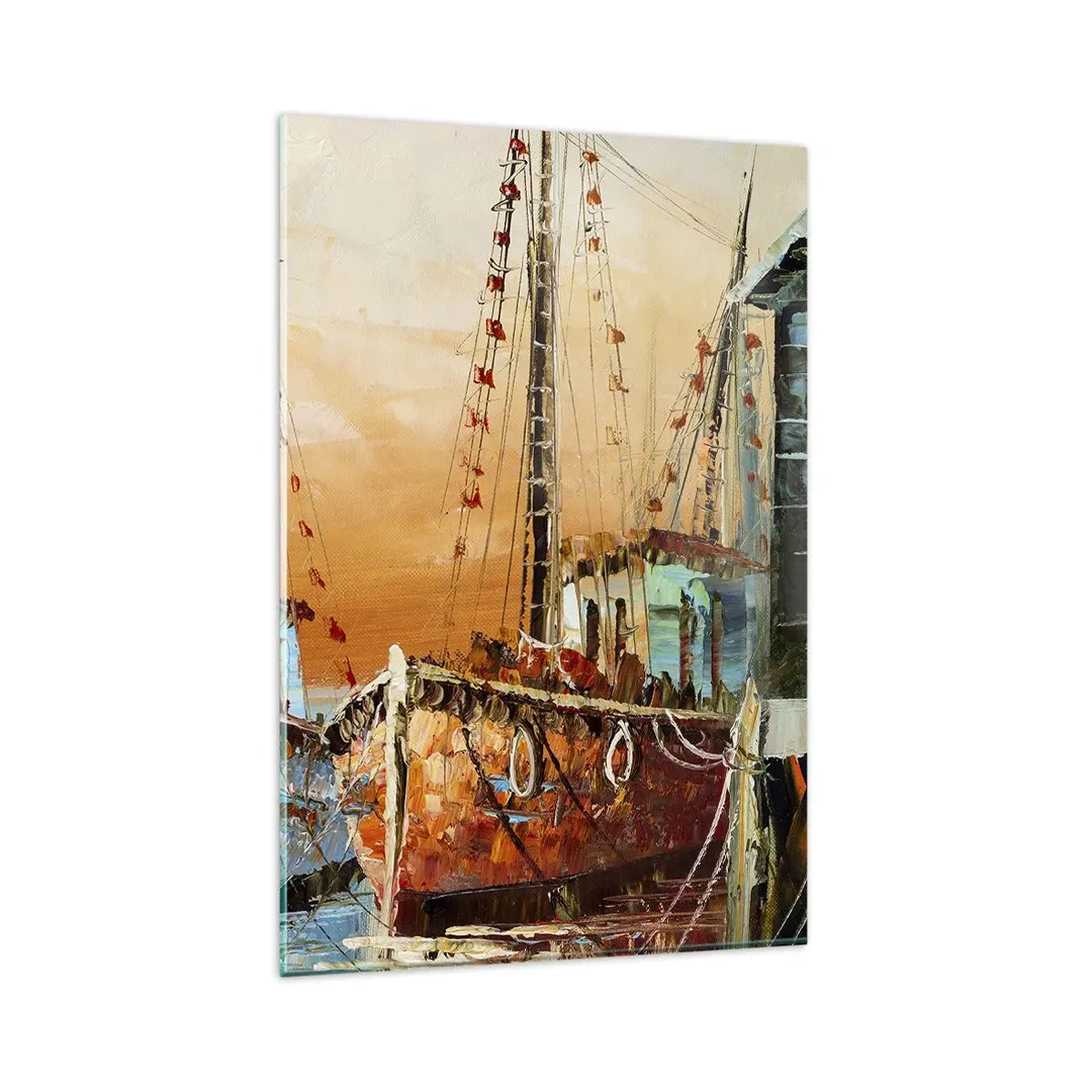Glasbild - Bild auf glas - Boote am Ufer im warmen Licht des Sonnenuntergangs - 80x120cm - Friedliche Rückkehr - Moderne Wanddekoration für Wohnzimmer und Schlafzimmer ARTTOR